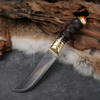 Ornate handmade fixed blade knife with carved wood handle