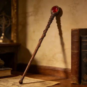 Vintage Wooden Wizard Wand with Red Gemstone